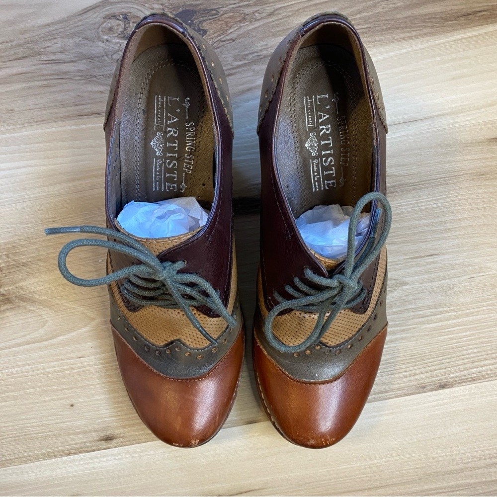 L’ARTISTE Bardot Brown Leather Shoes Oxford Heel Size 7.5 - Picture 3 of 9